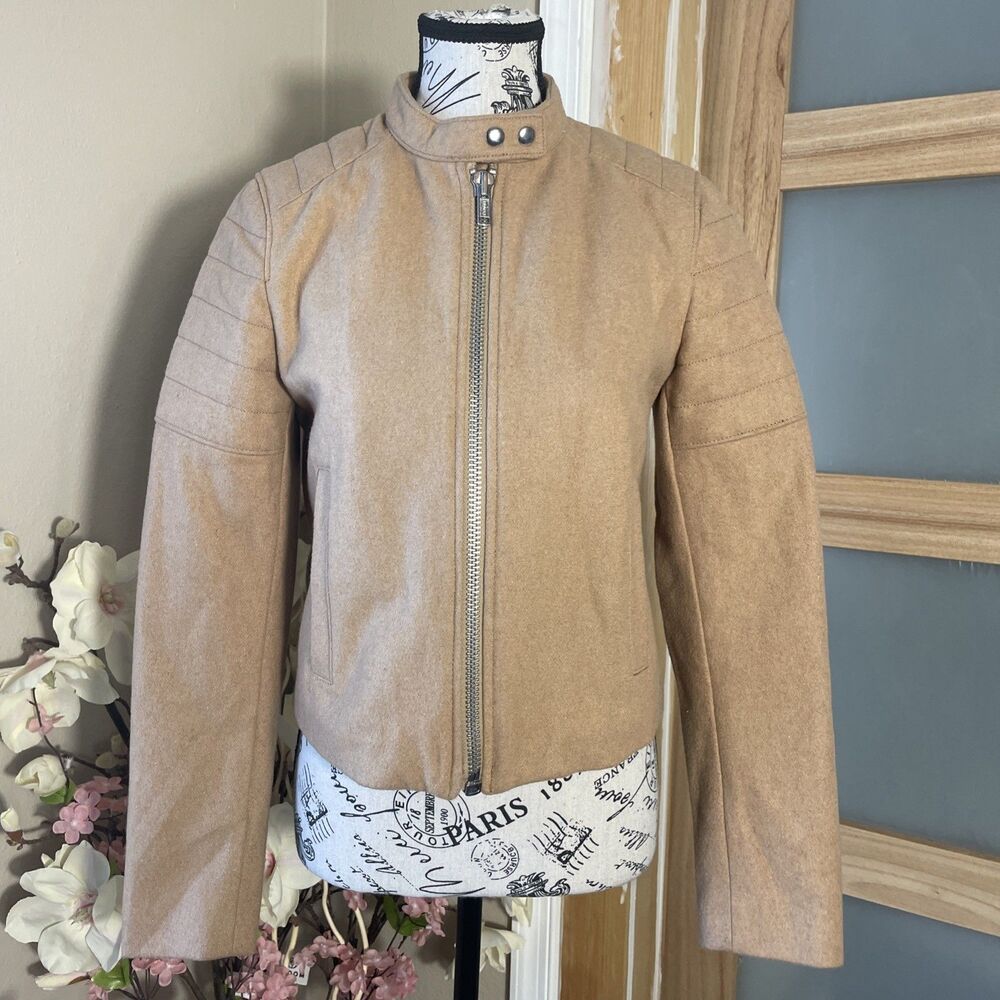 Gap Moto Biker Jacket Recycled Wool Quilted Women's Small Camel Tan Clean